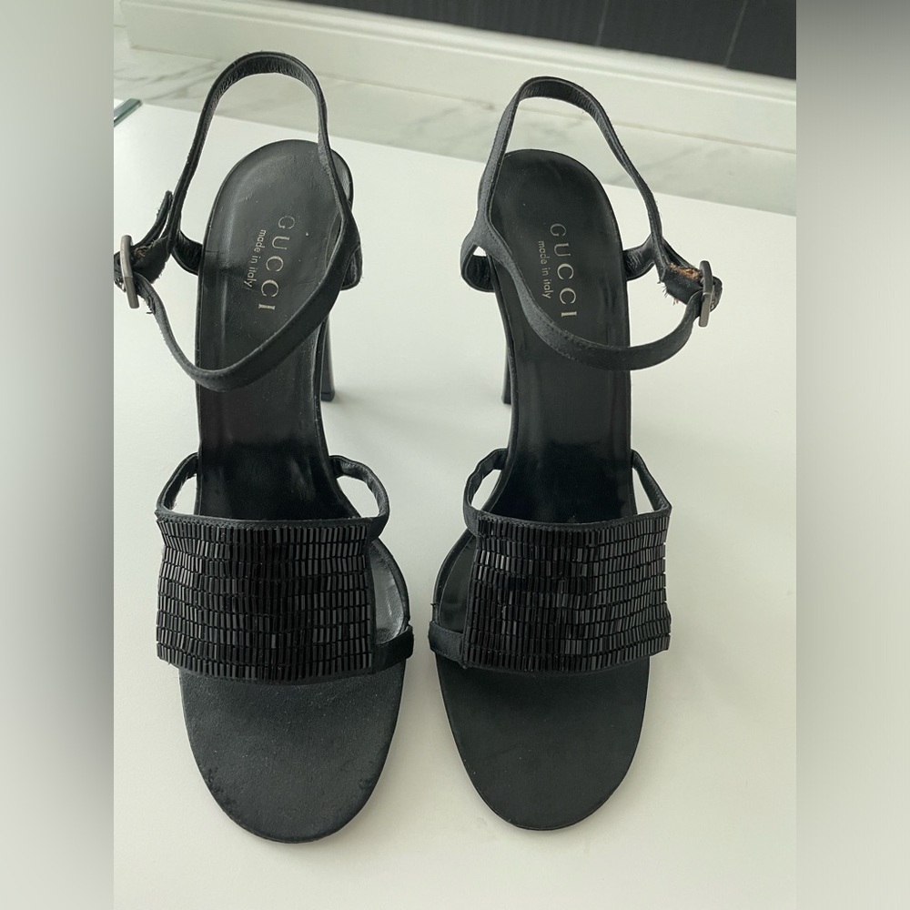 GUCCI BLACK ANKLE STRAP HIGH HEELS SANDALS WITH SWAROVSKI CRYSTALS US 11